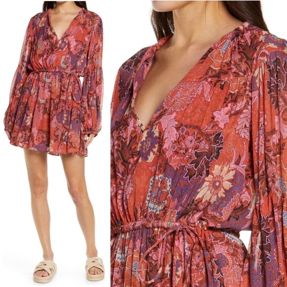 A.L.C. Elise Long Sleeve Silk Minidress in Pink/ Russet Multi, Size 0 - Picture 1 of 15